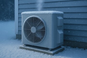 Heat pump air conditioner outside dusted with fresh snow during icy winter dawn