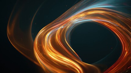 Abstract swirling light trails, glowing with orange and teal, against a dark background, forming a circular shape