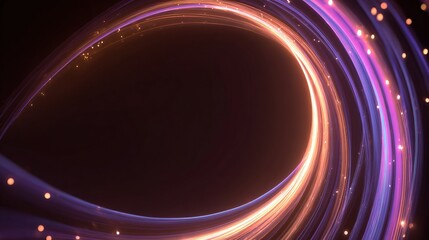 Glowing trails of light swirl in a circular motion against a dark backdrop, with scattered bright dots