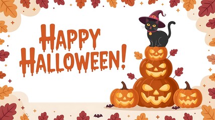 Fototapeta premium Happy Halloween greeting card with orange pumpkins, flying black bats, and festive confetti on a white background., created with generative ai