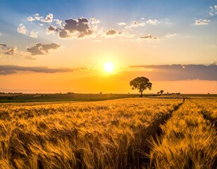 Golden sunset over a vast wheat field with a tree