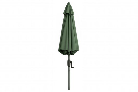 Green outdoor patio umbrella closed, preparing for sun protection or storing, transparent background