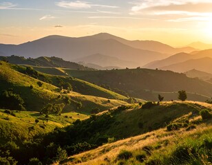 Golden sunset over rolling green hills and mountains