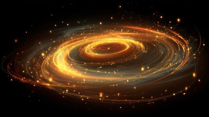 A swirling, golden energy spiral emanating light and particles against a stark black background