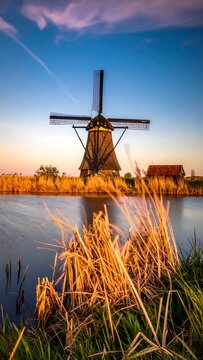 Classic windmill by water during a sunset