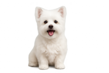 Transparent PNG cheerful small white fluffy dog smiling and looking at camera clean cutout