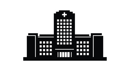 Naklejka premium Modern hospital building silhouette with medical cross emblem above windows symbolizing healthcare services and medical care