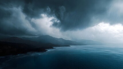 Naklejka premium Dramatic stormy coastline with heavy rain falling over the ocean under dark turbulent clouds