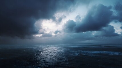 Dramatic storm clouds gather over a turbulent dark ocean with falling rain