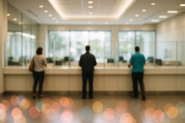 Abstract bokeh blur of busy banking hall clients and tellers in bright modern lobby