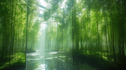 Fototapeta premium Sunlight streams through a lush green bamboo forest, illuminating a reflective pool of water.