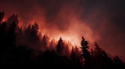 Fototapeta premium A dense forest at night is engulfed by a raging wildfire casting an ominous red glow through thick smoke