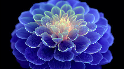 Mystic Dahlia Bloom: A mesmerizing close-up captures the ethereal beauty of a blue dahlia flower, its delicate petals glowing softly against a backdrop of deep darkness. 