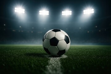 Fototapeta premium Closeup soccer ball on center spot stadium lights blazing and dramatic grass texture