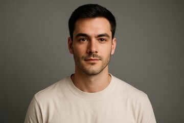 Confident young man in minimalist casual style smiling against clean studio backdrop