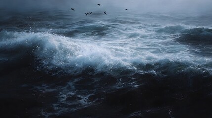 Fototapeta premium Dramatic dark ocean waves churn under a moody sky with seabirds in flight