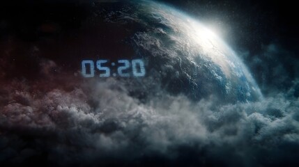A digital countdown timer displaying 05 20 is superimposed on a dramatic view of Earth from space partly covered by atmospheric clouds and