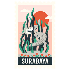 Vintage Style Detailed Surabaya Landmark Illustration with Shark and Crocodile Theme