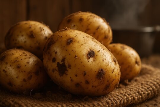 Freshly harvested golden potatoes with soil specks on rustic burlap farm to table mood