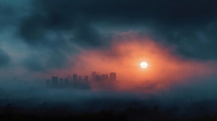 Fototapeta premium A hazy sunrise breaks through dense clouds casting a warm orange glow over a silhouetted city skyline shrouded in fog