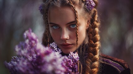 A woman with striking blue eyes and braided red hair holds a bouquet of purple flowers, posing