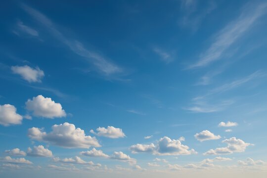 High altitude cumulus and cirrus clouds across deep blue sky with sunlit gradients