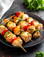 Grilled chicken and vegetable skewers on a dark plate