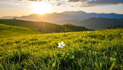 Golden sunset over grassy hillside with flower and mountains