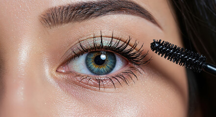 Eyelash Transformation: A close-up showcases a woman's eye, meticulously applying mascara with precision, enhancing the natural beauty and allure of her eye.