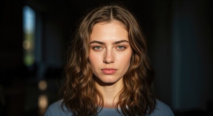 Fototapeta premium Radiant Gaze: A captivating woman with flowing locks and a look of serene contemplation, bathed in a soft, intimate light, her presence radiates quiet strength and allure.