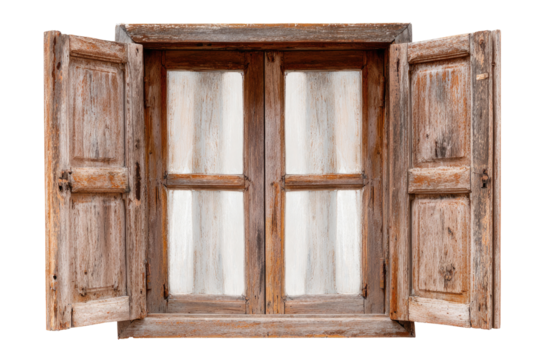 Aged wooden window, open shutters