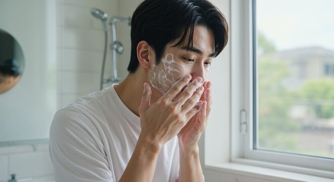 Man's Skincare Routine: A young man applies a generous layer of cleansing foam to his face, as part of his daily grooming ritual. This everyday act conveys wellness and self-care.