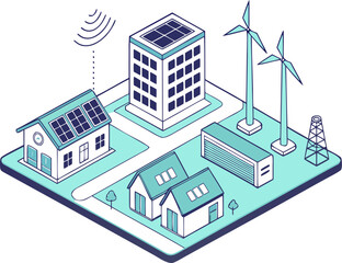 Clean energy microgrid isometric vector showing solar panels, wind turbines, and battery system for renewable power generation and storage.