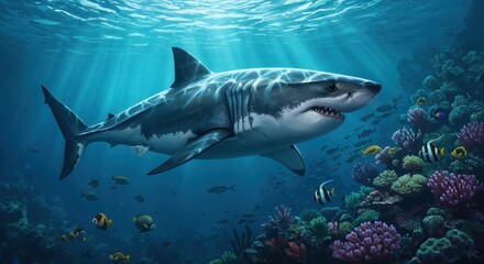 Fototapeta premium Great White Shark in Deep Ocean: A majestic great white shark glides through the deep ocean, surrounded by vibrant coral reefs and the ethereal play of sunlight.