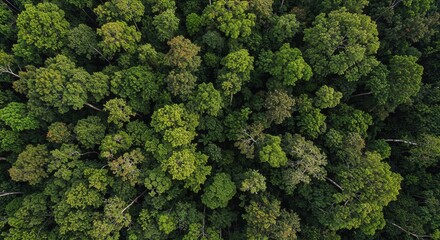 Naklejka premium Aerial View of a Dense Forest Canopy: A vibrant aerial shot of a lush forest canopy, depicting a dense array of green treetops.