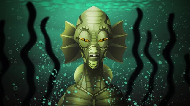 fish man creature in the dark lake underwater