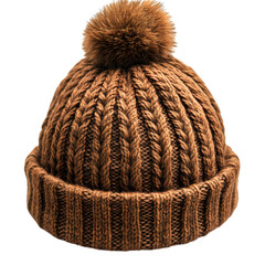 Cozy hand knitted brown wool winter beanie hat with a fluffy pom pom on top isolated on transparent background