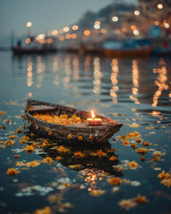 Fototapeta premium Close-up of a decorated paper boat used in Boita Bandana, floating gently on the river surface. The boat is wrapped in marigold flowers and carries a small burning lamp.
