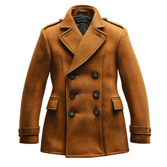 A vintage distressed brown leather double breasted peacoat with dark buttons and ornate detailing isolated on transparent background