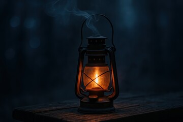 Vintage metal lantern glowing warmly in the night with gentle smoke and firelight