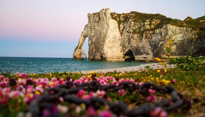 Scenic Coastal Cliff Formation with Ocean and Floral Foreground