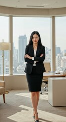 Poised Confidence in the Corporate Realm: A sophisticated businesswoman exudes confidence, standing tall in a modern office space, her gaze direct and her stance commanding.