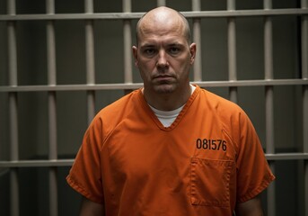 Obraz premium Prisoner of Conscience: A serious man, adorned in an orange jumpsuit, stares intently ahead from behind the stark bars of a cell, embodying themes of captivity and the weight of confinement.