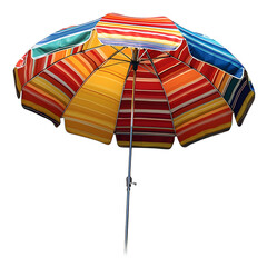 A vibrant and colorful striped beach umbrella with a metal pole is displayed in an open position casting a shadow isolated on transparent background