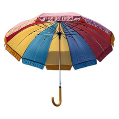 A vibrant open rainbow colored umbrella with a curved handle isolated on a transparent background showcasing its cheerful and protective design for rainy days isolated on transparent background