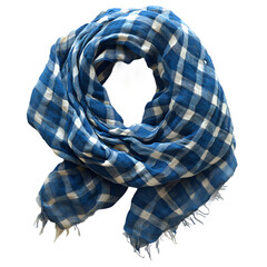 A soft blue and white checkered woven fabric scarf with frayed edges elegantly draped and folded isolated on transparent background
