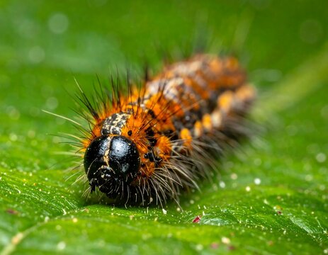 Hairy orange and black caterpillar on a green leaf