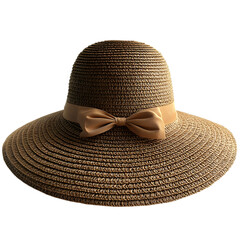 Elegant wide brim straw sun hat with a decorative bow accent for stylish protection from the sun isolated on transparent background