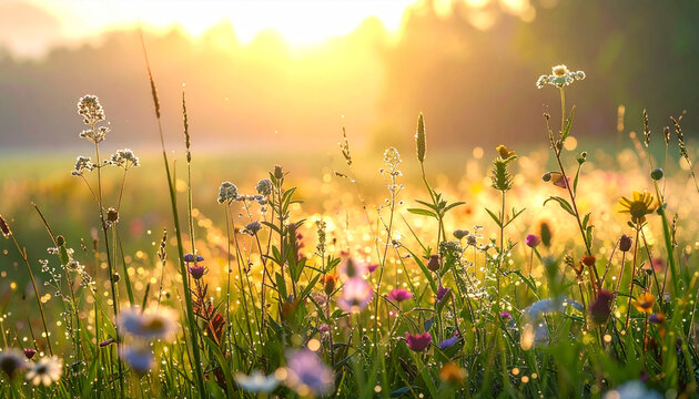 Sunlit meadow with wildflowers in bloom, bathed in golden light.
