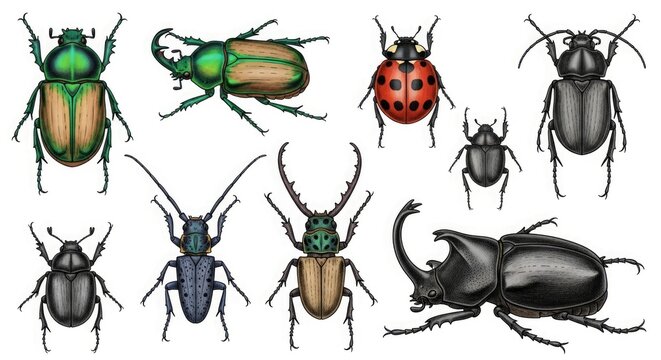 Beetle insect bug collection illustration nature wildlife entomology species diversity fauna arthropod art